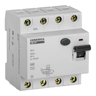 УЗО ВД1-63 4Р 63А 100мА GENERICA IEK MDV15-4-063-100 