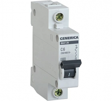 Выключатель автоматический однополюсный 6А C ВА47-29 GENERICA 4.5кА Generica MVA25-1-006-C 