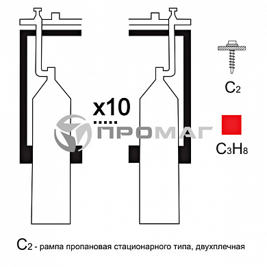 Газовая рампа пропановая РПР-10с2 (10 бал.,двухплеч.,редук.РПО 25-1) стационарн.