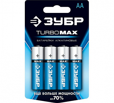 Батарейка ЗУБР "TURBO MAX" щелочная (алкалиновая), тип AA, 1,5В, 4шт на карточке ЗУБР 59206-4C 