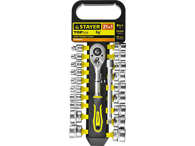 Набор STAYER "STANDARD": Торцовые головки (3/8") на пластиковом рельсе, трещотка, удлинитель, 6-24мм STAYER 27752-H21 
