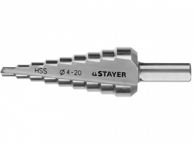 Сверло STAYER "MASTER" ступенчатое по сталям и цвет.мет., сталь HSS, d=4-20мм, 9ступ.d 4-20, L-75 мм STAYER 29660-4-20-9 