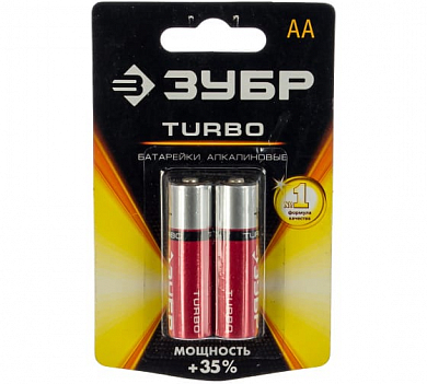 Батарейка Зубр "TURBO" щелочная (алкалиновая), тип AA, 1,5В, 2шт на карточке ЗУБР 59213-2C 
