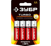Батарейка Зубр "TURBO" щелочная (алкалиновая), тип AA, 1,5В, 4шт на карточке ЗУБР 59213-4C 