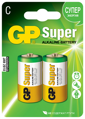 Алкалиновые батарейки GP Super Alkaline 14А типоразмера C - 2 шт. на блистере