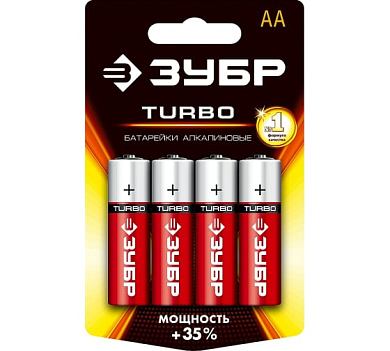 Батарейка Зубр "TURBO" щелочная (алкалиновая), тип AA, 1,5В, 4шт на карточке ЗУБР 59213-4C 