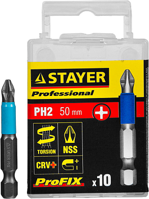 Биты STAYER "PROFESSIONAL" ProFix Phillips, тип хвостовика E 1/4", № 2, L=50мм, 10шт STAYER 26203-2-50-10 