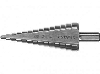 Сверло STAYER "MASTER" ступенчатое по сталям и цвет.мет., сталь HSS, d=4-30мм, 14ступ.d4-30, L-100мм STAYER 29660-4-30-14 
