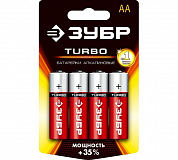 Батарейка Зубр "TURBO" щелочная (алкалиновая), тип AA, 1,5В, 4шт на карточке ЗУБР 59213-4C 