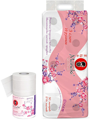 Maneki Бумага туалетная DREAM 3 слоя 214л,30м, гладкая белая 10рул ТОР Maneki 4620003220029 