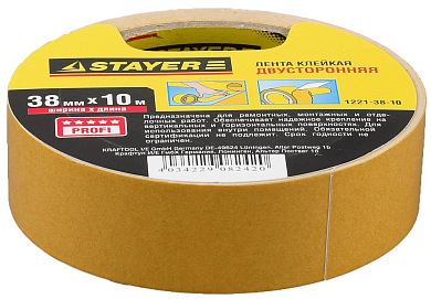 Двухсторонняя клейкая лента на полипропиленовой основе STAYER, 38мм х 10м STAYER 1221-38-10 