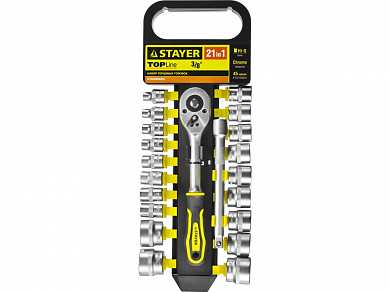 Набор STAYER "STANDARD": Торцовые головки (3/8") на пластиковом рельсе, трещотка, удлинитель, 6-24мм STAYER 27752-H21 