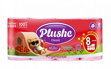 PLUSHE CLASSIC Бумага туалетная Клубника 8 рулонов 18 м., 2 слоя, розовая, ароматизация, 8 в упаковк  7942361012236 